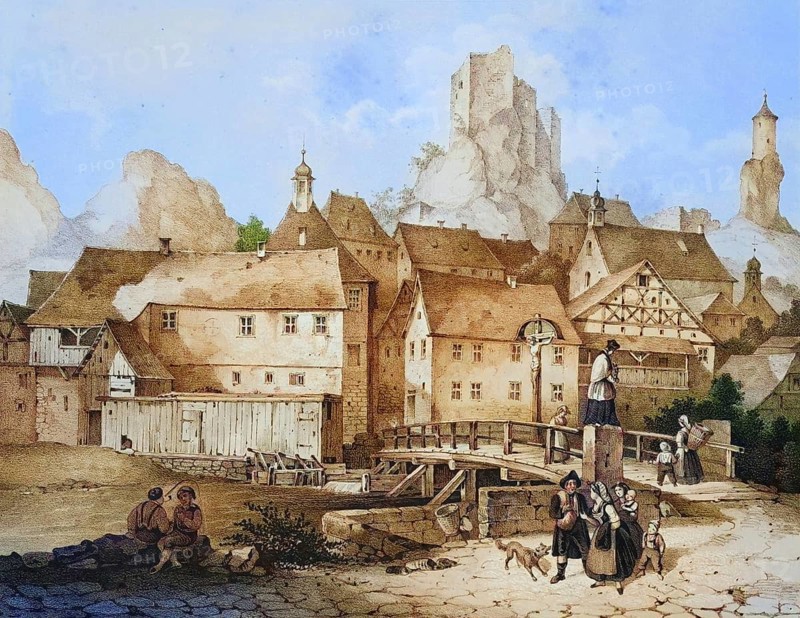 Place and castle ruins Waischenfeld, Franconian Switzerland, around 1850, climatic health resort, district Bayreuth, Upper Franconia, Bavaria, Germany, digitally enhanced reproduction from a 19th century original, coloured, historical, exact date unknown