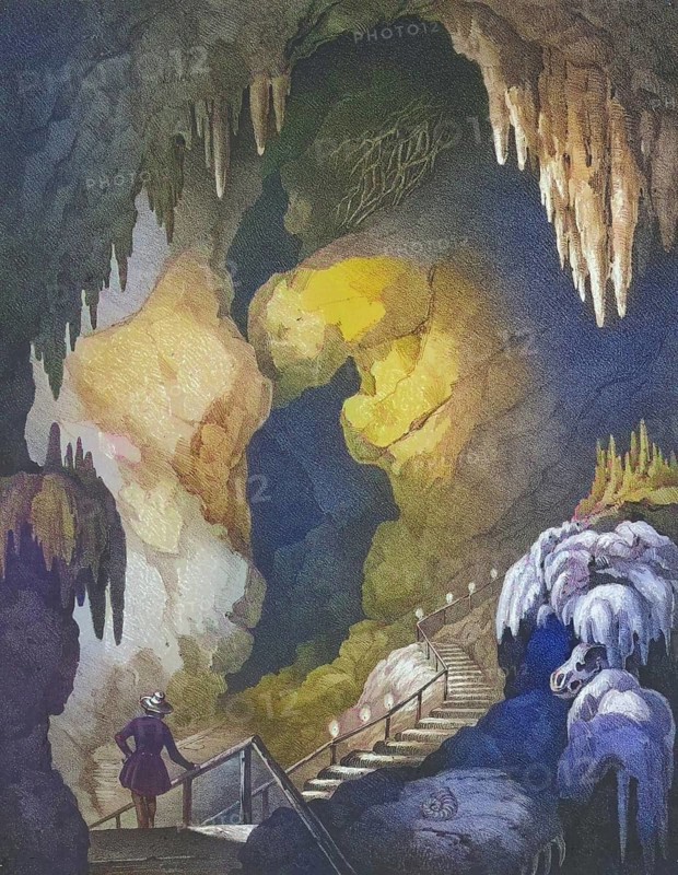 Rosenmüllerhöhle, also Rosenmüllershöhle, natural karst cave near Muggendorf, Franconian Switzerland, district of Forchheim, Upper Franconia, Bavaria, Germany, digitally enhanced reproduction from a 19th century original, coloured, historical, exact date unknown