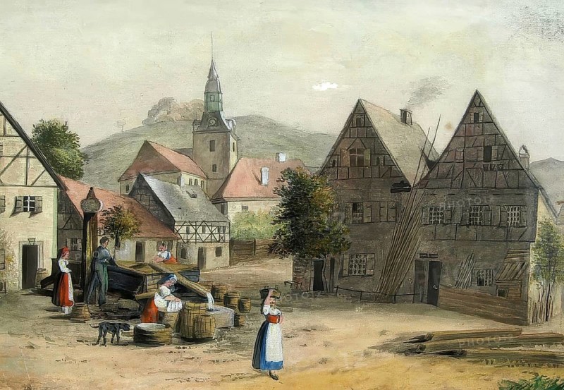 Village square in Muggendorf, climatic health resort, around 1850, Franconian Switzerland, district of Forchheim, Upper Franconia, Bavaria, Germany, digitally enhanced reproduction from a 19th century original, coloured, historical, exact date unknown