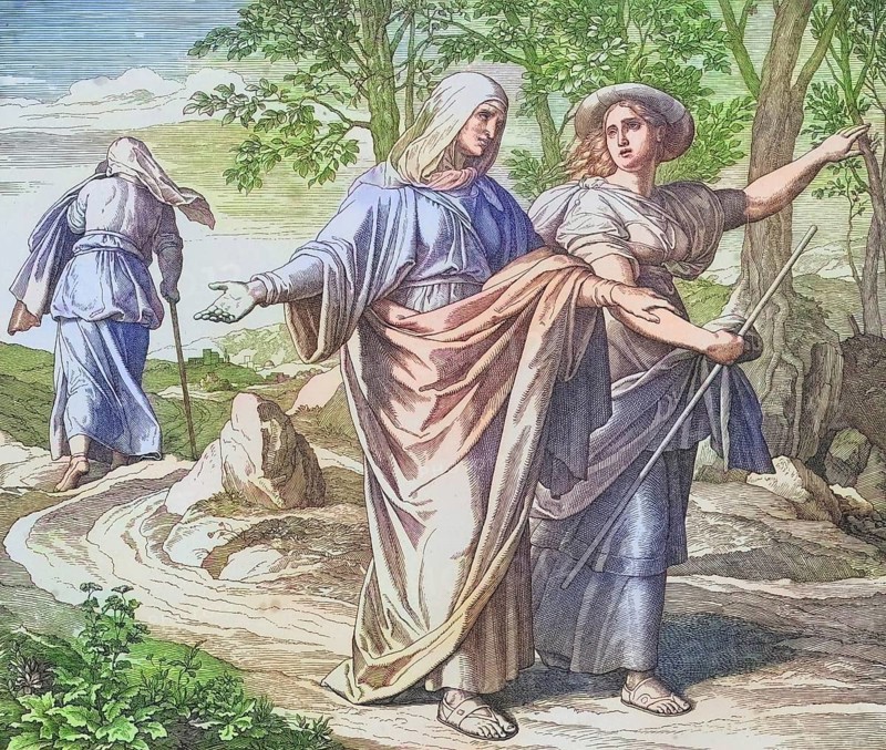 Biblical story, Ruth follows Naomi, the older of the two main female characters in the Book of Ruth, a book of the Tanakh, to Bethlehem, digitally enhanced reproduction of a wood engraving by Julius Schnorr von Carolsfeld, historical, around 1860, exact date unknown
