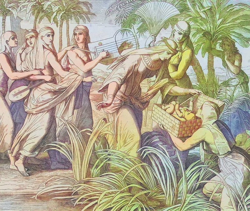 Biblical story, Moses is found in a basket, digitally enhanced reproduction of a wood engraving by Julius Schnorr von Carolsfeld, historical, around 1860, exact date unknown