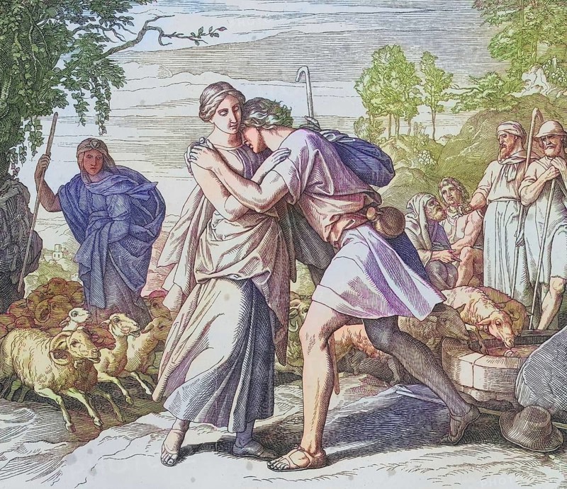 Biblical story, Jacob and Rachel at the well, digitally enhanced reproduction of a wood engraving by Julius Schnorr von Carolsfeld, historical, around 1860, exact date unknown