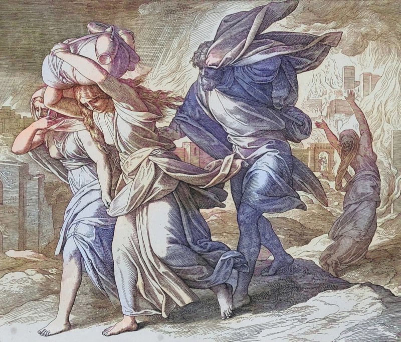 Biblical story, Lot escaped from Sodom, digitally enhanced reproduction of a wood engraving by Julius Schnorr von Carolsfeld, historical, around 1860, exact date unknown