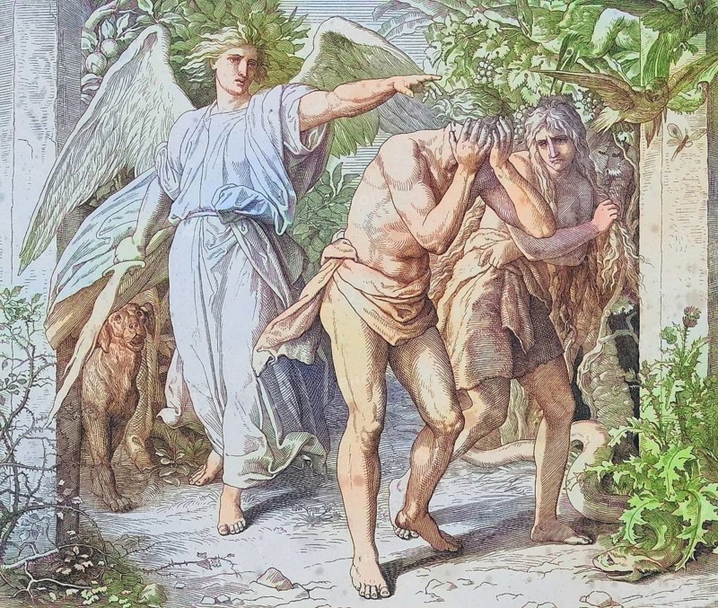 Biblical story, The Expulsion from Paradise, digitally enhanced reproduction of a wood engraving by Julius Schnorr von Carolsfeld, historical, around 1860, exact date unknown