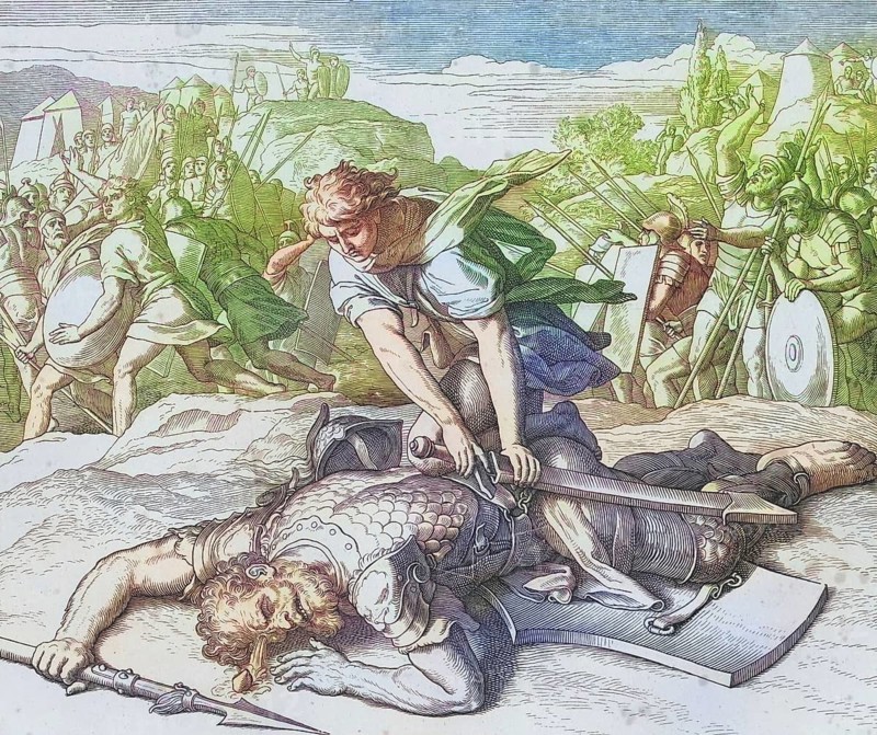 Biblical story, David kills the giant Goliath, digitally enhanced reproduction of a wood engraving by Julius Schnorr von Carolsfeld, historical, around 1860, exact date unknown