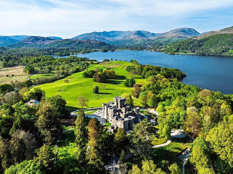 Wray Castle from a drone, Lake Windermere, Ambleside, Lake District, Cumbria, England, United Kingdom
