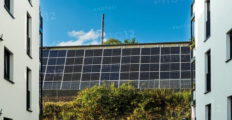 Solar panels mounted on the wall of an industrial plant, Wuppertal, Germany