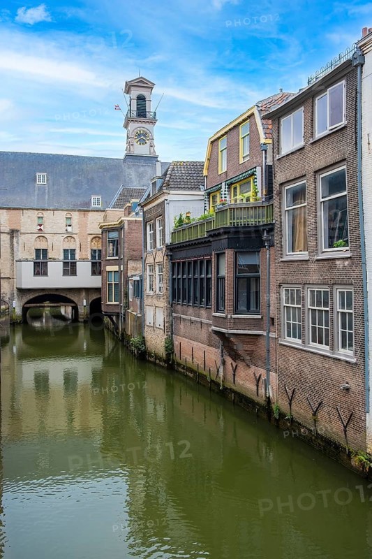 Canal at the back of the town hall (Stadthuis) of Dordrecht, Netherlands, digitally reworked