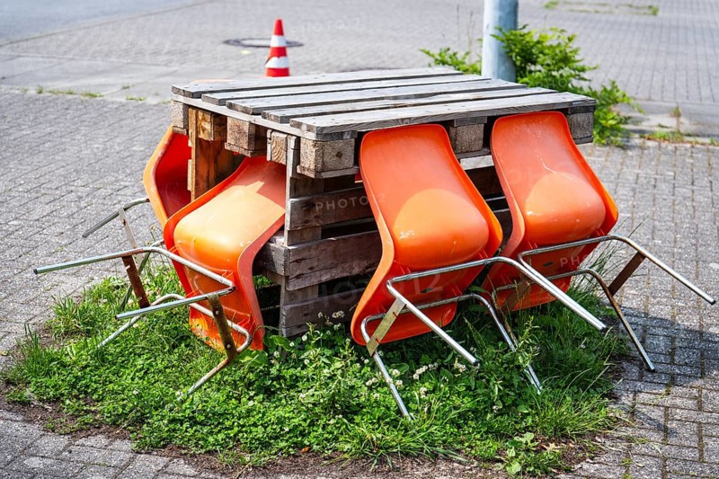 Improvised table made from euro pallets in a car park in Hagen, Germany