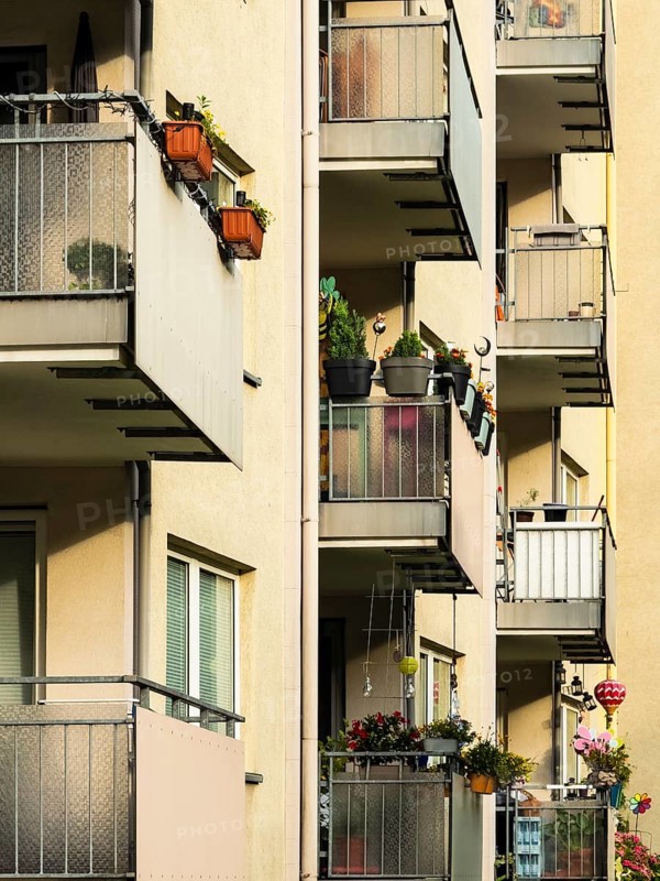 Balconies with planted flower boxes on a tower block in Wuppertal, Germany