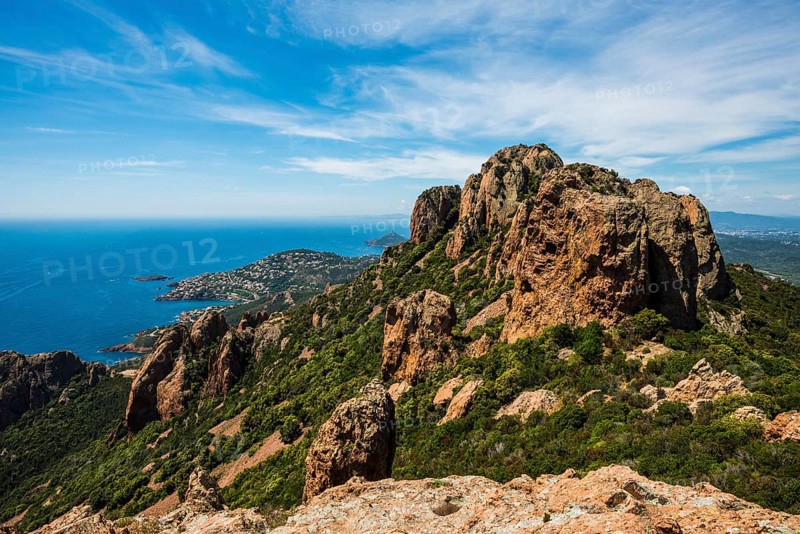 Panorama, Pic du Cap Roux, near Anthéor, Saint-Raphaël, Massif de l'Esterel, Esterel Mountains, Département Var, Cote d'Azur, Provence-Alpes-Côte d'Azur, France
