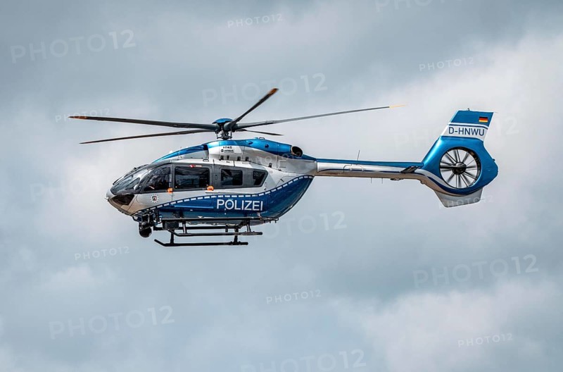 Police helicopter, Airbus Helicopters H145, of the North Rhine-Westphalia State Police, after take-off at Düsseldorf Airport, Police Air Wing