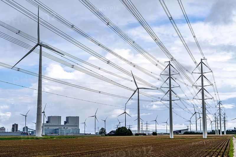 RWE coal-fired power plant Eemshavencentrale, in the seaport of Eemshaven, operator RWE Power, wind farm, Netherlands