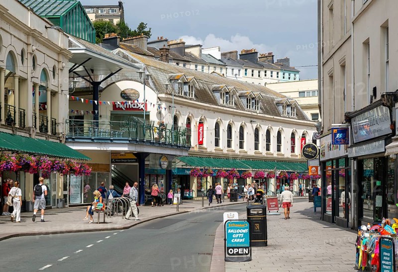Shops in historic buildings Fleet Street, Torquay, Devon, England, UK