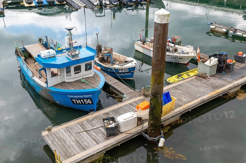 Fishing boats at moorings in harbour, Torquay, Devon, England, UK TH156 'Courageous Spirit'