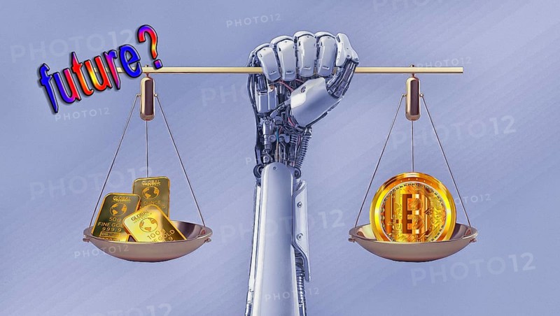 Symbolic image, gold or bitcoin, insecure digital currency, bitcoin, gold as a reserve currency, resources, energy, industry, economy critical, stock market hype, stock market crash, payment, insolvency, wrong decisions, profit, profit slump, share prices, Germany as a business location, global economy, globalisation, environmental protection, mafia, Trump government, bitcoin rally, cryptocurrency, electronic wallet, wallet, crypto reserve, price development, stock market trading