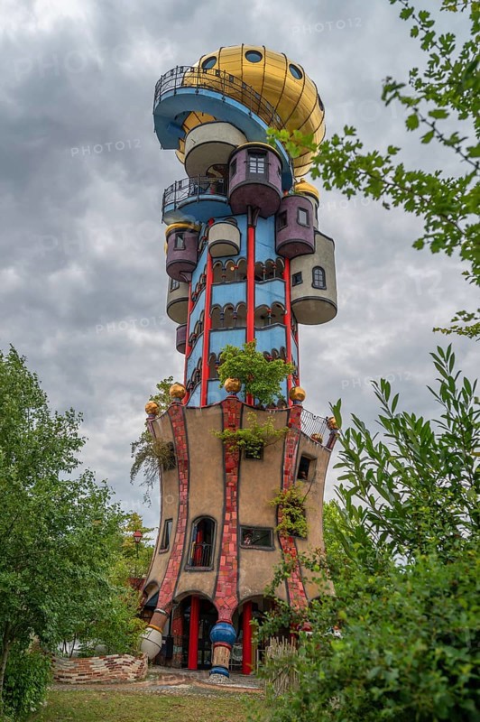 Tower of the Kuchlbauer brewery, designed by the artist Friedensreich Hundertwasser, Römerstr, 5-9, Abensberg, Lower Bavaria, Germany