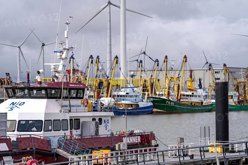 Fishing boats in Beatrixhaven, the seaport of Eemshaven, industrial harbour, at the quay, Netherlands