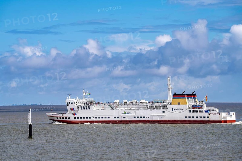 The North Sea car ferry Münsterland, departs from the ferry harbour of Eemshaven, in the Ems estuary, ferry to the German North Sea island of Borkum, by AG Ems Nederland B.V., Borkumlijn, Netherlands