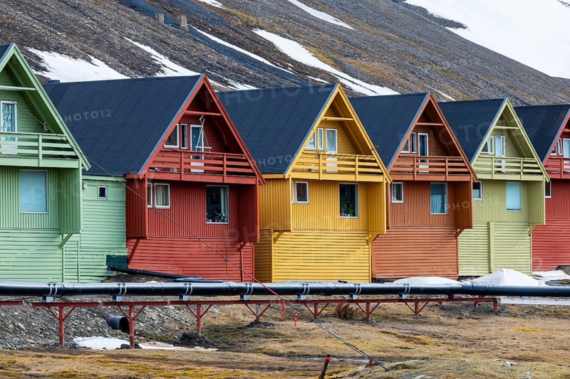 Colourful wooden houses in Riehe, Longyearbyen, Spitsbergen, Svalbard