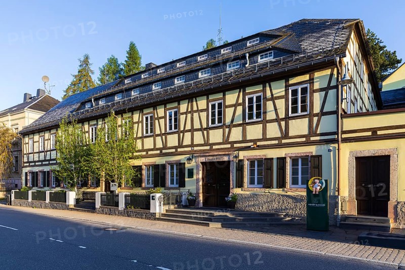 Head office of the Wendt & Kühn company, which produces painted wooden figures, Erzgebirgisches Holzkunst, Grünhainichen, Erzgebirge, Saxony, Germany