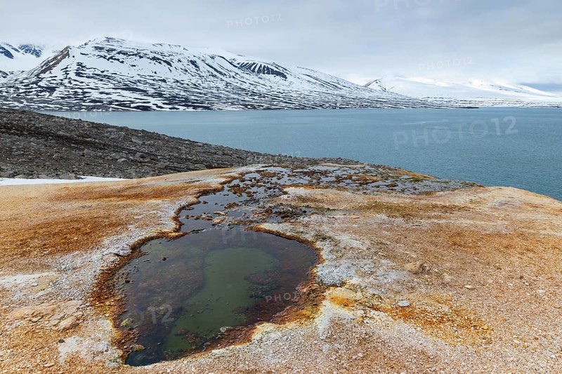 Hot spring, discoloured rock, sinter, mountain range, sea, Jotunkjeldene, Spitsbergen, Svalbard
