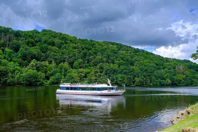Excursion boat on the Rursee, Rursee boat trip, Rur dam, Rur reservoir, Einruhr, North Eifel, Eifel, North Rhine-Westphalia, Germany