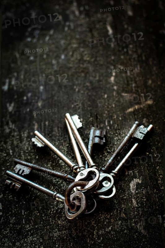 A collection of vintage keys is arranged on a rustic wooden surface. The dark background emphasizes the keys' intricate details, creating a nostalgic and mysterious ambiance