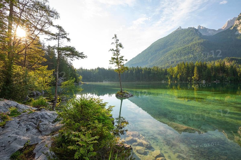 Summer morning at Hintersee near Ramsau in Berchtesgadener Land with sun star and reflection. The Hochkalter in the background