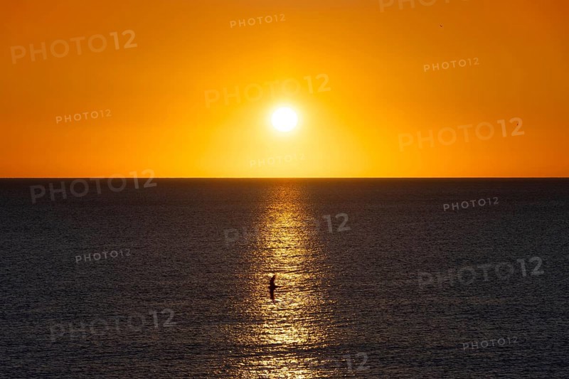 The sun rises on the Costa Rei, a stretch of coastline on the Italian Mediterranean island of Sardinia. A seagull glides in the air through the cone of sunlight, Monte Nai, Costa Rei, Sardinia, Italy
