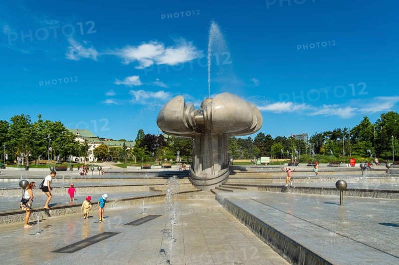 Freedom Square with a fountain in the shape of a lime blossom in Bratislava, Slovakia