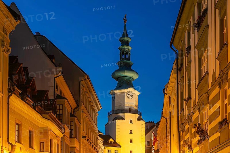 Night shot of St Michael's Gate (Michalská brána) in Bratislava, Slovakia