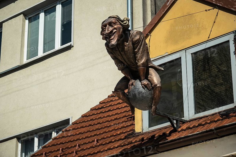 Munchausen's ride on the cannonball on the roof of a house in Bratislava, Slovakia