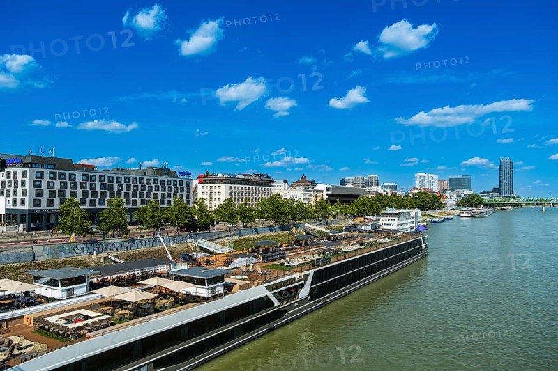 View of the banks of the Danube and the Bratislava skyline from the Bridge of the Slovak National Uprising, Slovakia
