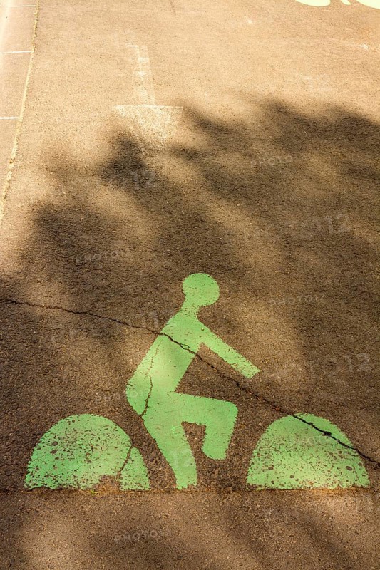 A green bicycle lane marking is visible on a city street, featuring a cyclist silhouette. Shadows from trees create a pattern over the pavement, adding depth to the scene