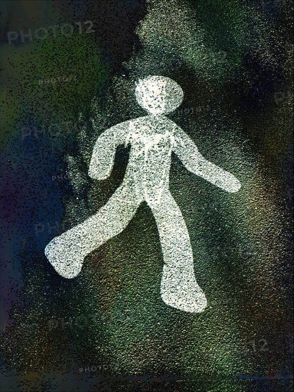 A simple yet striking outline of a walking figure in white stands out against a rich, textured dark background. The composition evokes a sense of motion and playfulness