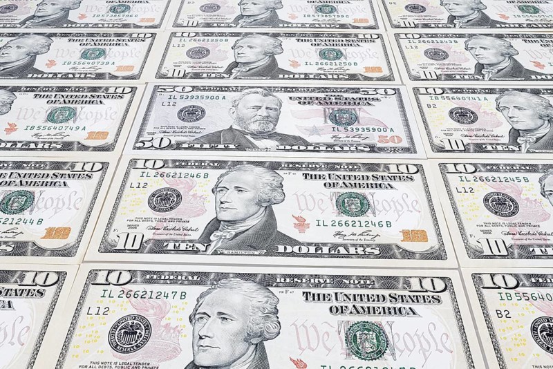 US dollar notes, 10 dollars, 50 dollars, banknotes