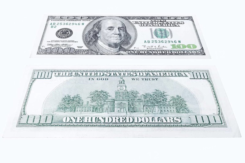 100 US dollar note, 100 dollar banknotes on white background