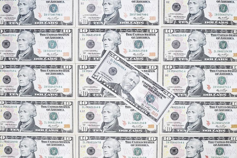 US dollar notes, 10 dollars, 50 dollars, banknotes