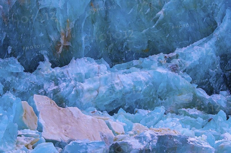 Blue ice structure of Fjortende Julibreen, 14th of July Glacier calving into Krossfjorden, Haakon VII Land, Spitsbergen, Svalbard, Norway
