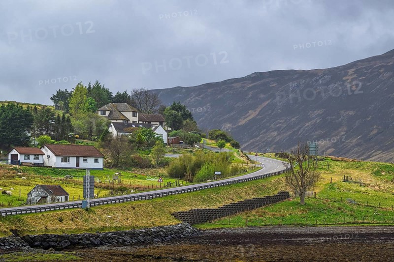 Farms over Loch Sligachan, Sligachan, Isle of Skye, Scotland, UK