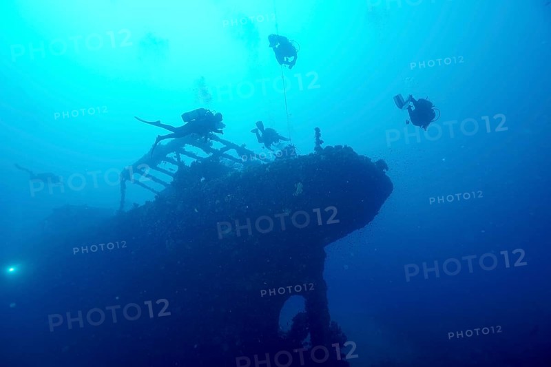 Divers circle the silhouette of an overgrown shipwreck in the blue water. Dive site wreck Le Grecq, Giens peninsula, Mediterranean Sea, Provence Alpes Côte d'Azur, France