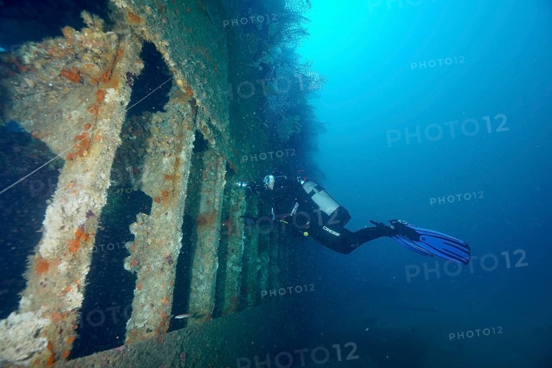 Diver exploring a derelict shipwreck in calm, clear water. Dive site wreck Le Donator, Giens peninsula, Mediterranean Sea, Provence Alpes Côte d'Azur, France
