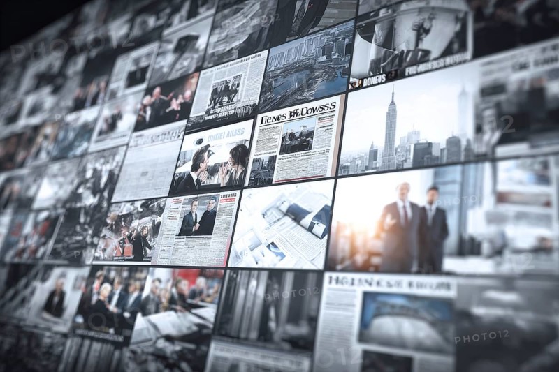 Collage of corporate mainstream media and international news coverage, AI generated