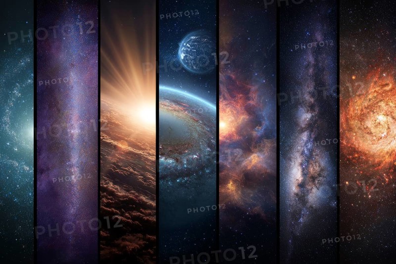 Collage of galaxies nebulas and cosmos space, AI generated
