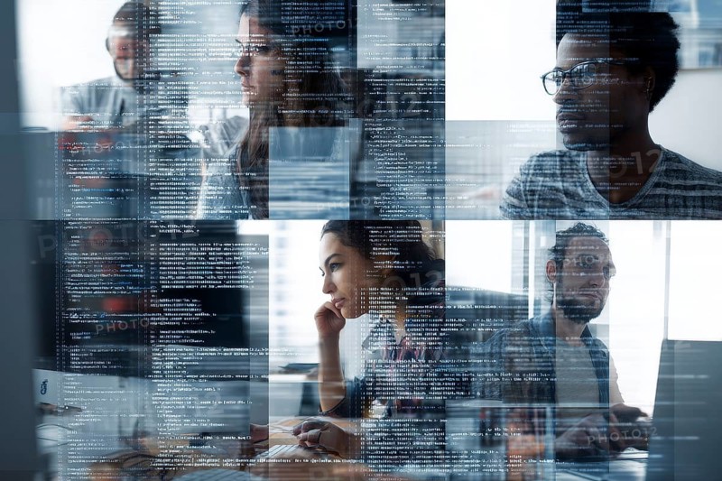 Collage of coders doing coding on transparent board. Concept of artificial AI programming and intelligence, AI generated