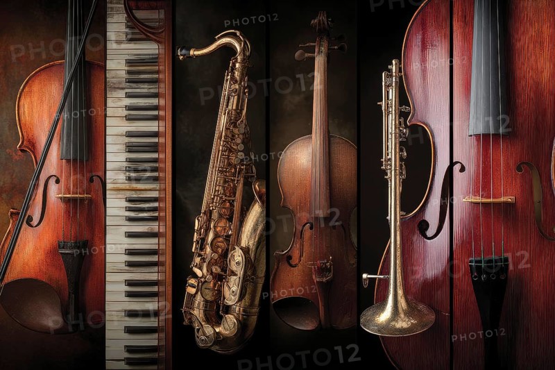 Collage of classical musical instruments, AI generated