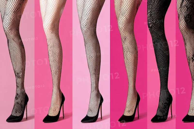 Collage of beautiful women legs in fishnets and high heels, AI generated