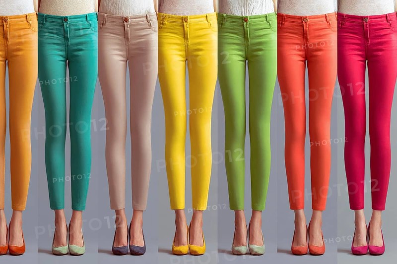 Collage of beautiful women legs in coloured pants, AI generated