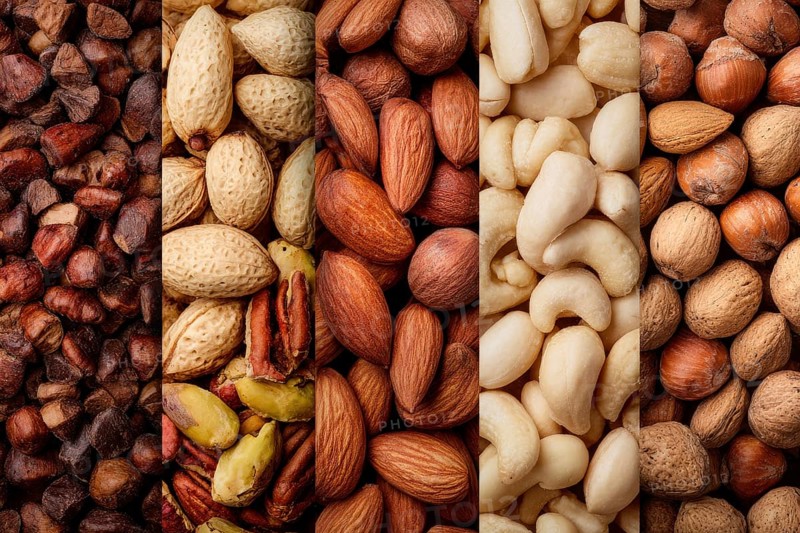 Collage of healthy nuts and legumes that improve heart and digestion health, AI generated